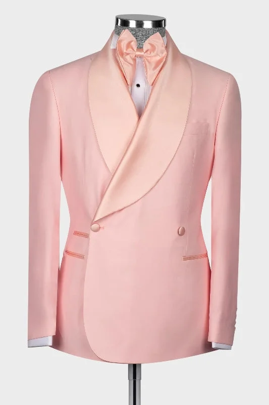 Elegant Candy Pink Shawl Lapel Double Breasted Wedding Suits Blazers Pants Wedding Party Wear Prom