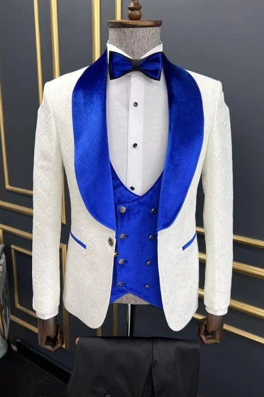 Fancy Blue Velvet Shawl Lapel Three Pieces Wedding Suits Tuxedo Suits for Men Floral Paisley Jacquard Wedding Party Wear Prom