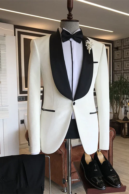 Fancy White Shawl Lapel Slim Fit Wedding Suits One Button Slim Fit Tuxedo Suit