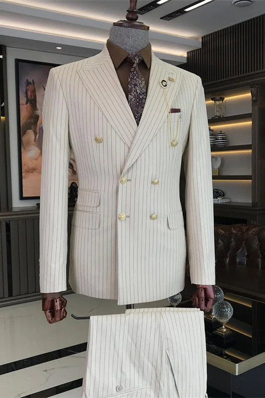 Fancy White Striped Peaked Lapel Double Breasted Two Pieces Prom Suits