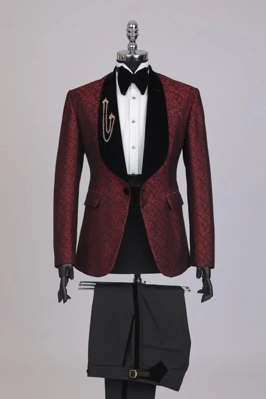 Glamorous Burgundy Jacquard Wedding Suits With Black Shawl Lapel Two Pieces Tuxedos Blazer Party Singer Groom