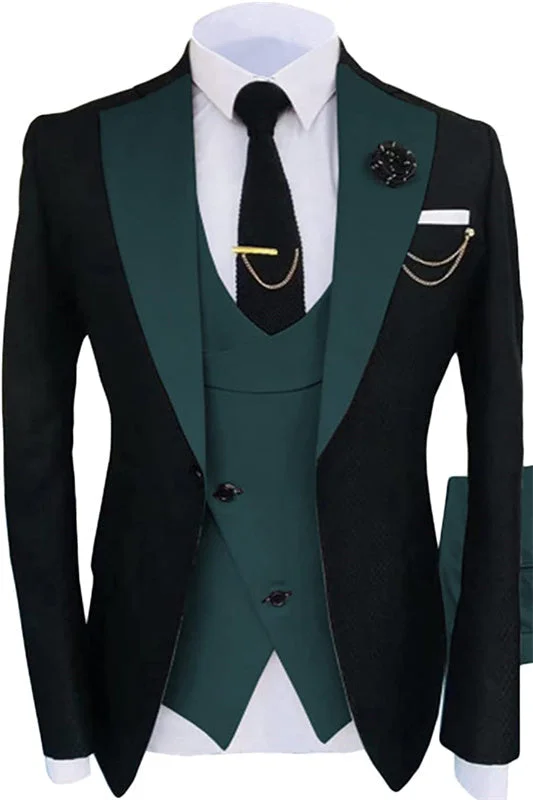 Glamorous Dark Green Shawl Lapel Three Piece Prom Suits One Button Business Suits Wedding Party Groom Blazer Vest Pants