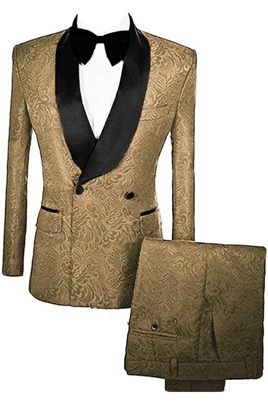 Glamorous Gold Double Breasted Floral Paisley Jacquard Wedding Suits Velvet Lapel Two Piece Wedding Party Groom Blazer Pants