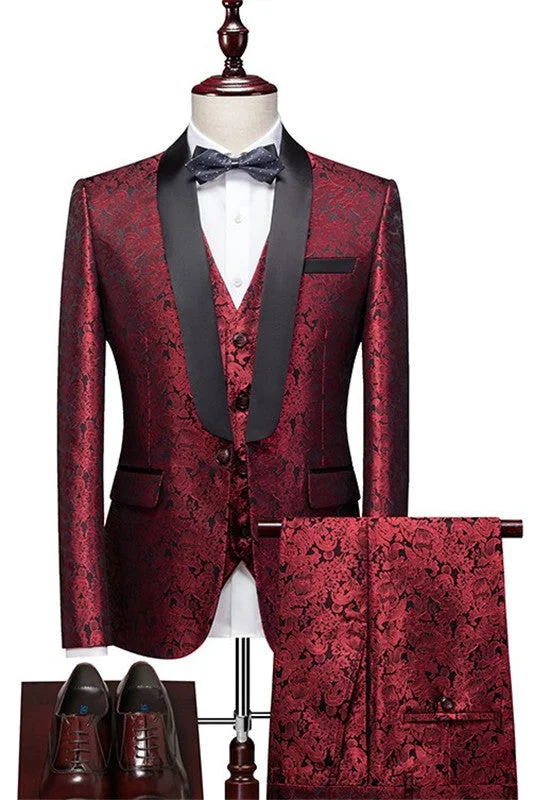 Glamorous Red Floral Jacquard Three Pieces Black Shawl Lapel Wedding Suits Wedding Party Groom Blazer Vest Pants