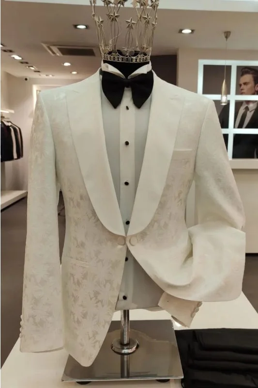 Glamorous White Shawl Lapel Two Pieces Wedding Suits with Jacquard Prom Tuxedo Dinner Party