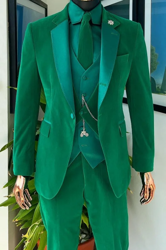 Green Velvet Notched Lapel Three Pieces Prom Suits One Button  Tuxedo Suits for Men