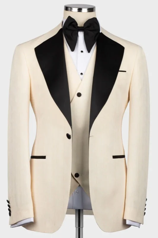 Light Champagne Three Pieces Wedding Suits With Black Notched Lapel Wedding Party Groom Blazer Vest Pants