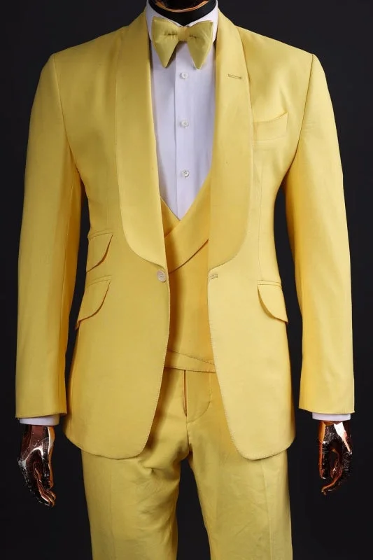 Light Yellow Shawl Lapel Three Pieces Wedding Suits Formal Wedding Party Wear Blazer Vest Pants