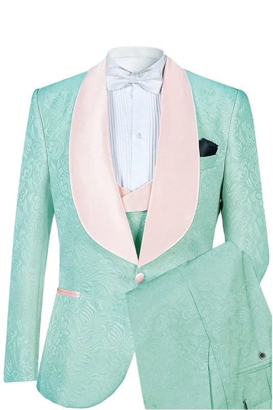 Mint Floral Paisley Jacquard Wedding Suits With Shawl Lapel Three Pieces Tuxedos Wedding Party Groom Blazer Vest Pants