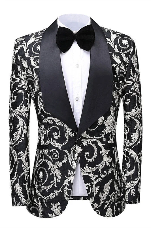 Modern Black Shawl Lapel Jacquard Wedding Suits Floral Pattern One Button Blazers Pants Wedding Party Wear Prom