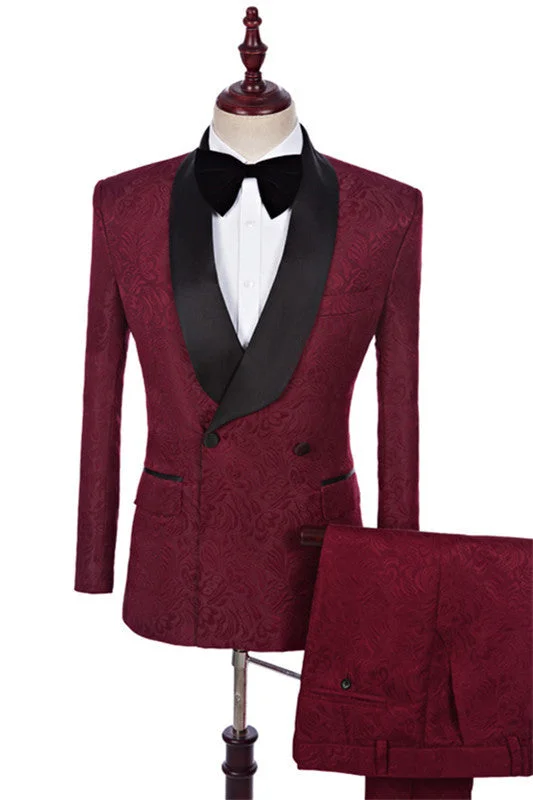 Modern Burgundy Shawl Lapel Floral Paisley Jacquard Two Pieces Wedding Suits Wedding Party Groom Blazer Pants