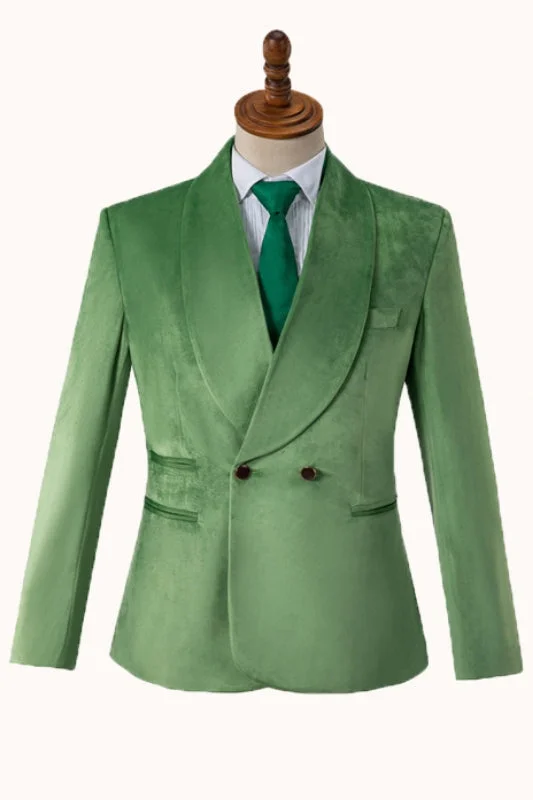 Modern Green Velvet Wedding Suits Shawl Lapel Double Breasted Formal Wedding Groom Suits