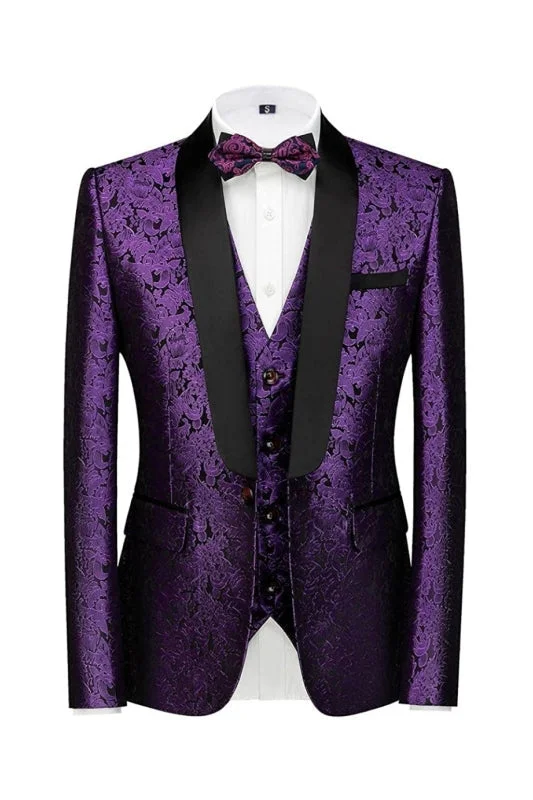 Modern Purple Three Pieces Suits For Wedding Black Lapel Slim Fit Party Blazer Set