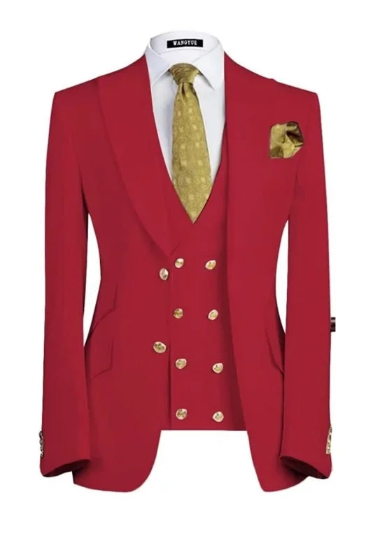 Modern Red Three Pieces Peaked Lapel Prom Suits Tuxedo for Men Slim Fit