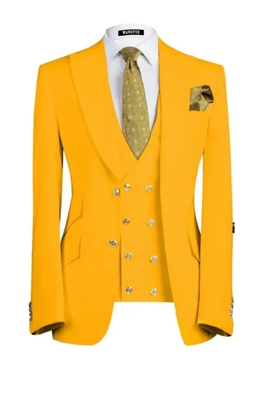 Modern Yellow Three Pieces Peaked Lapel Men Prom Suits Double Breasted Casual Blazer Vest Pants