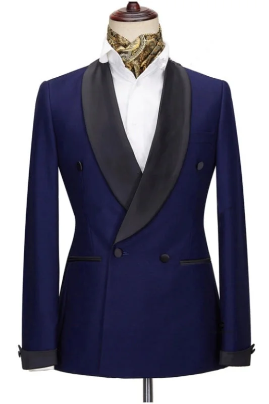 Navy Blue Double-Breasted Wedding Suits With Black Shawl Lapel Slim Fit Tuxedos Two Pieces Wedding Party Suits