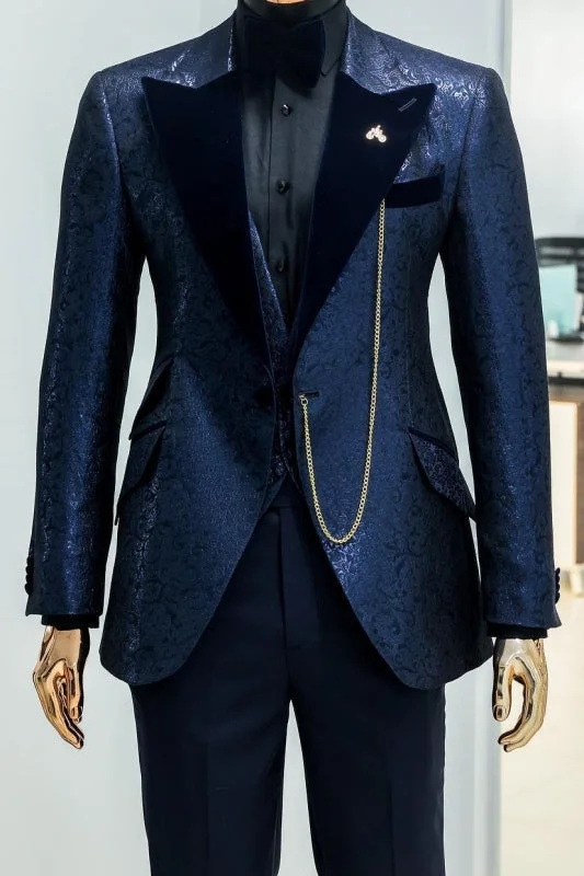 Navy Blue Peaked Lapel Jacquard Three Pieces Prom Suits Wedding Party Groom Blazer Pants