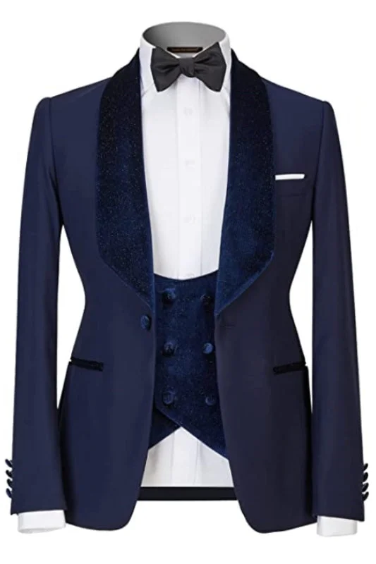 Navy Blue SLim Fit Three Pieces Wedding Suits with Velvet Peaked Lapel Tuxedos Blazer Vest Pants