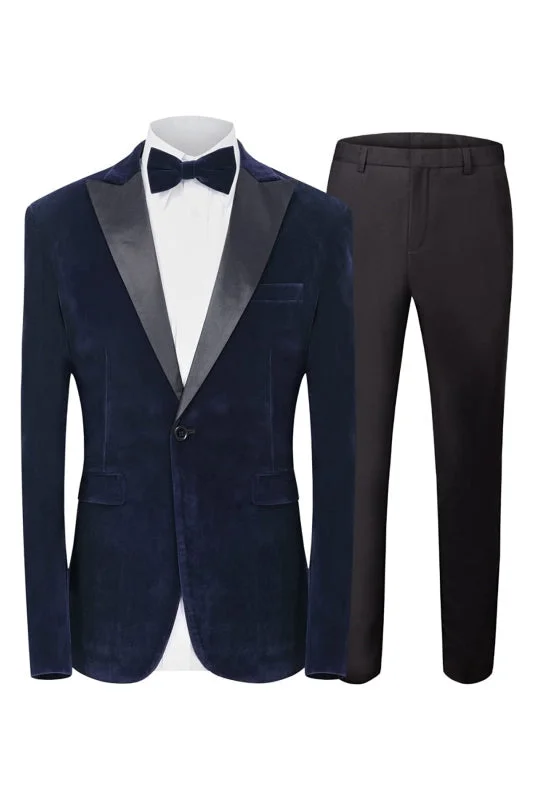 Navy Blue Two Pieces Velvet Prom Suits For Men with Peaked Lapel