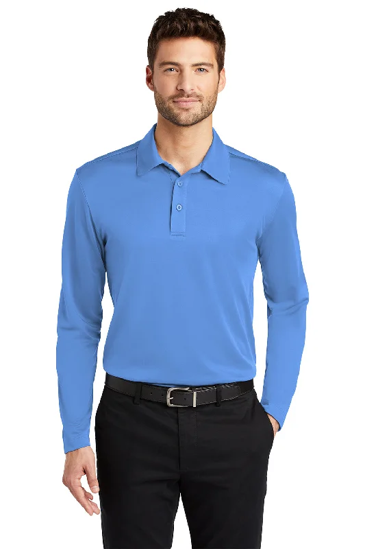 Port Authority Mens Silk Touch Performance Moisture Wicking Long Sleeve Polo Shirt - Carolina Blue