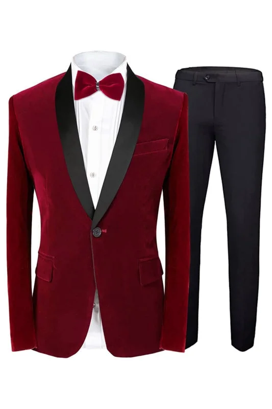 Red Velvet Shawl Lapel Slim Fit Wedding Suits Men Wedding Groom Blazer Pants