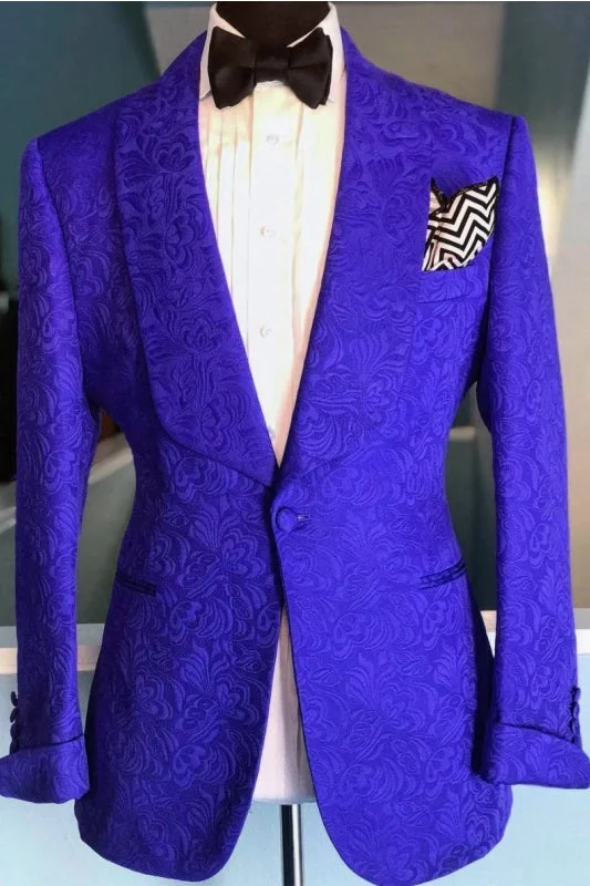 Royal Blue Floral Patterned Lapel Two Pieces Wedding Suits One Button Prom Suits