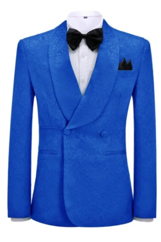 Royal Blue Jacquard Double Breasted Wedding Suits Shawl Lapel Wedding Party Groom Blazer Pants