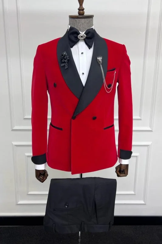 Simple Red Shawl Lapel Double Breasted Wedding Suits Regular Fit Tuxedo Suits Two Pieces