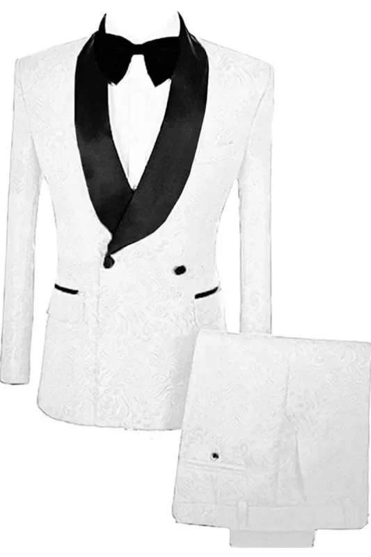 Simple White Double Breasted Floral Jacquard Wedding Suits Velvet Lapel