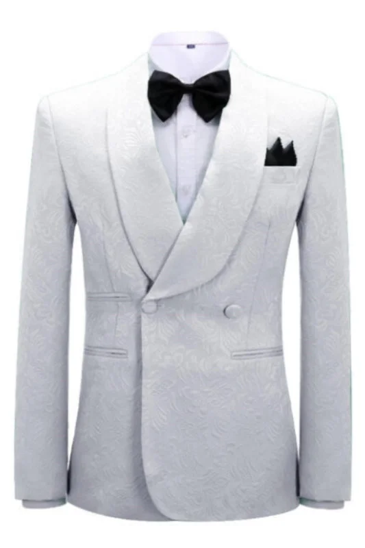 Simple White Shawl Lapel Double Breasted  Jacquard Wedding Suits Two Pieces Tuxedos Dinner Party Prom Suit