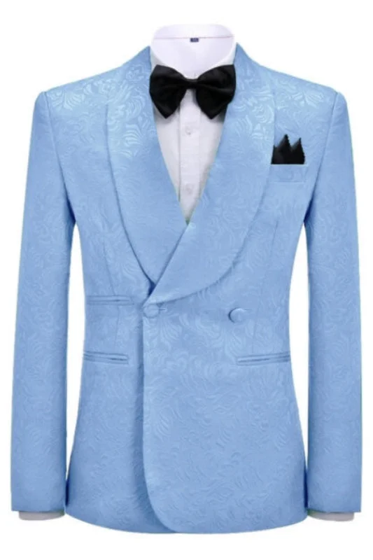 Sky Blue Jacquard Double Breasted Wedding Suits Shawl Lapel Two Pieces Wedding Wear Suits