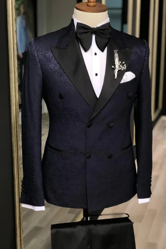 Stylish Black Jacquard Prom Suits Peaked Lapel Double Breasted Wedding Groom Suits