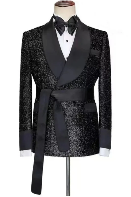 Stylish Black Shawl Lapel Two Pieces Sequins Wedding Suits with Lace Up Prom Tuxedo Suits with Bow Tie