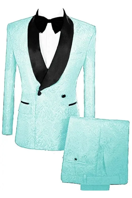 Stylish Mint Double Breasted Jacquard Wedding Suits Velvet Lapel Two Piece Slim Fit Blazers Pants