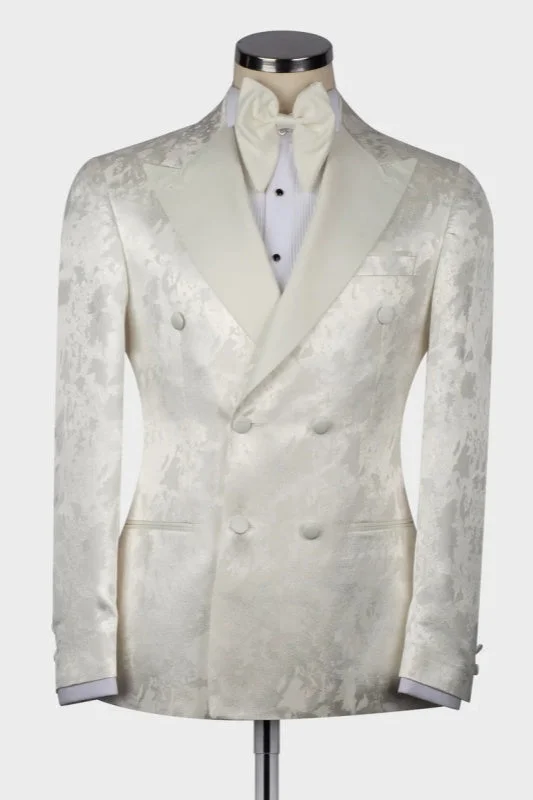 White Floral Paisley Jacquard Peaked Lapel Double Breasted  Two Piece Wedding Suits for Men