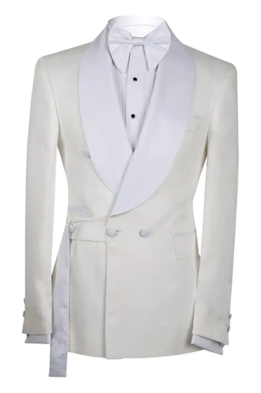 White Shawl Lapel Double Breasted Wedding Suits Slim Fit Wedding Grooms Suits