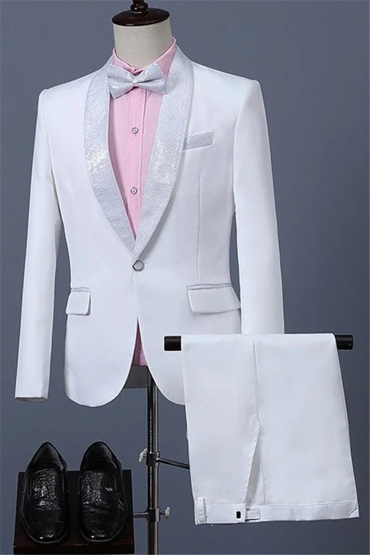 White Shawl Lapel One Button Fitted Wedding Suits Wedding Party Groom Blazer Pants