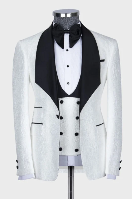 White Three Pieces Wedding Suits With Black Shawl Lapel One Button Formal Wedding Groom Suits