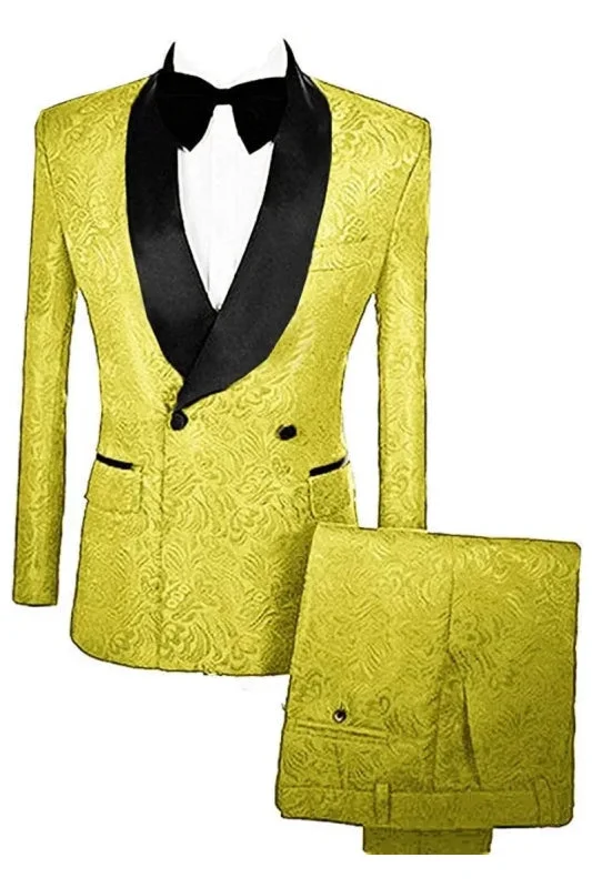 Yellow Double Breasted Jacquard Wedding Suits Velvet Lapel Slim Fit Wedding Party Wear Prom