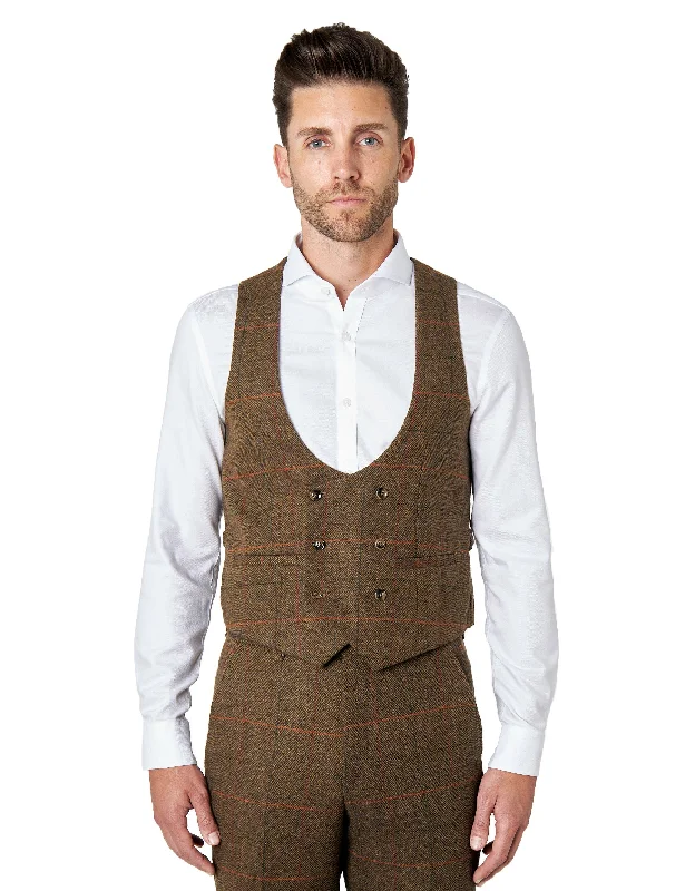 Jarvis - Tan Brown Tweed Check Low U Cut Waistcoat