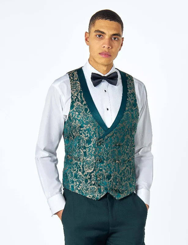 LOUIS – GREEN GOLD DAMASK PRINT TUXEDO DINNER WAISTCOAT