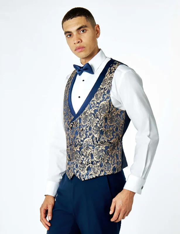 LOUIS – NAVY GOLD DAMASK PRINT TUXEDO DINNER WAISTCOAT