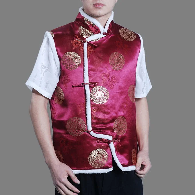 Mandarin Collar Fur Edge Brocade Wadded Chinese Waistcoat