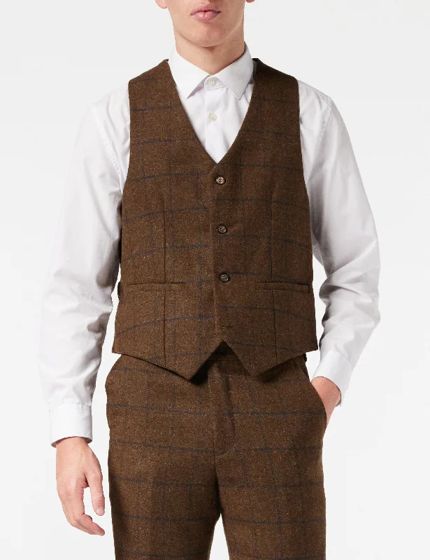 MENS TWEED TAN BROWN HERRINGBONE CHECK PEAKY BLINDERS WAISTCOAT