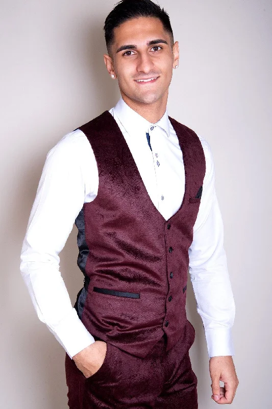 Simon Jacquard Wine Velvet Waistcoat :- Plain Waistcoats